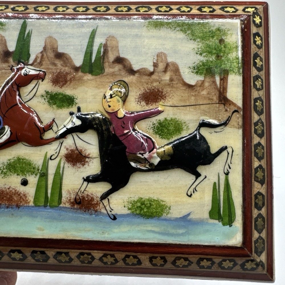 Persian‎ Khatam Wood Trinket Box Hand Made Inlaid With Hunting Scenes On Lid - Picture 4 of 16